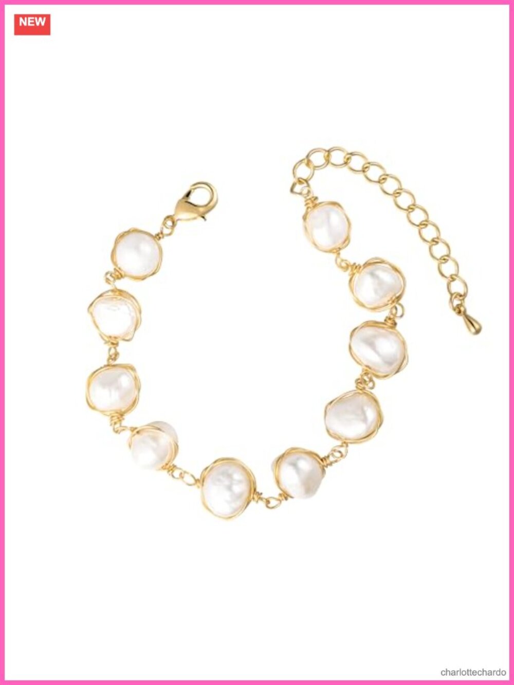 Pearl Bracelet Baroque Cultured Pearl Link 14K Gold Plated Charm for Women